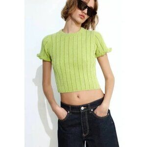 ZARA Ribbed Chenille Crop Top in Green NEW